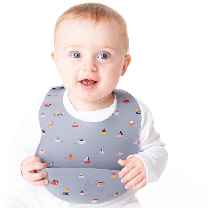 baby boy wearing totsi weaning bib